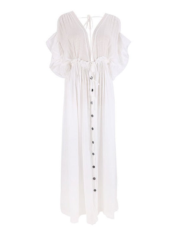White Deep V Neck Button Down Boho Beach Bikini Cover Up Dress Party Photoshoot Maternity Dress for Maternity