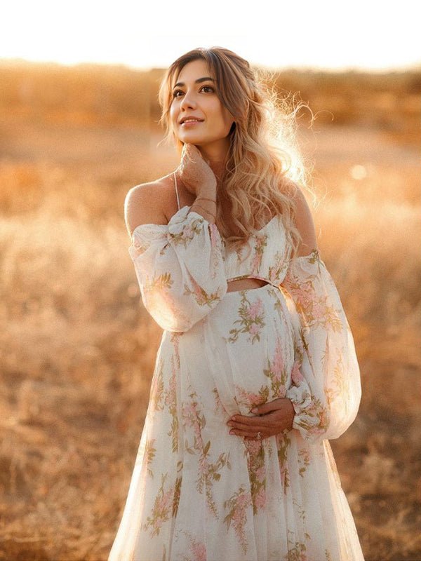 White Floral Cut Out Off Shoulder Backless Cami Big Swing Elegant Vacation Maternity Hobo Photoshoot Baby Shower Maxi Dress for Maternity