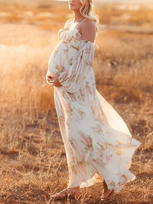 White Floral Cut Out Off Shoulder Backless Cami Big Swing Elegant Vacation Maternity Hobo Photoshoot Baby Shower Maxi Dress for Maternity