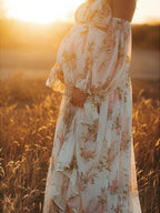 White Floral Cut Out Off Shoulder Backless Cami Big Swing Elegant Vacation Maternity Hobo Photoshoot Baby Shower Maxi Dress for Maternity