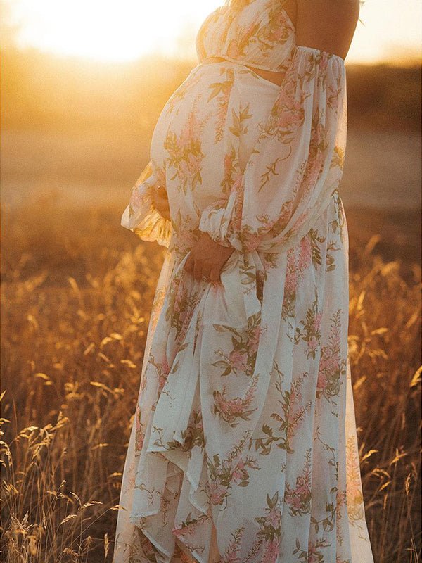 White Floral Cut Out Off Shoulder Backless Cami Big Swing Elegant Vacation Maternity Hobo Photoshoot Baby Shower Maxi Dress for Maternity