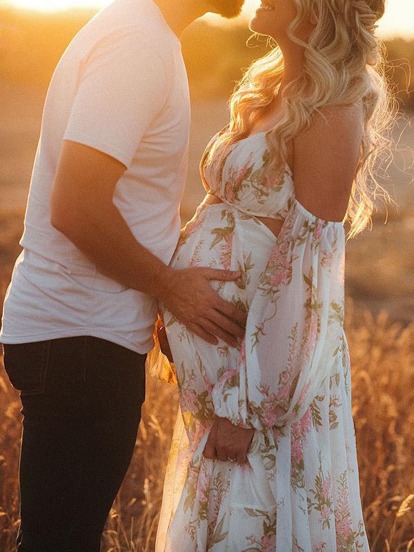 White Floral Cut Out Off Shoulder Backless Cami Big Swing Elegant Vacation Maternity Hobo Photoshoot Baby Shower Maxi Dress for Maternity