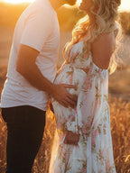White Floral Cut Out Off Shoulder Backless Cami Big Swing Elegant Vacation Maternity Hobo Photoshoot Baby Shower Maxi Dress for Maternity