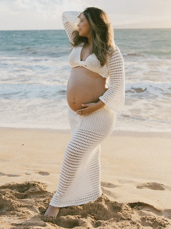 White Tie Front Crop V-neck Crochet Beach Vacation Photoshoot Maternity Maxi Dress for Maternity