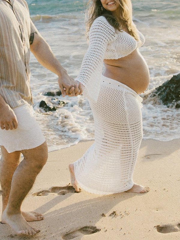 White Tie Front Crop V-neck Crochet Beach Vacation Photoshoot Maternity Maxi Dress for Maternity