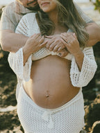 White Tie Front Crop V-neck Crochet Beach Vacation Photoshoot Maternity Maxi Dress for Maternity