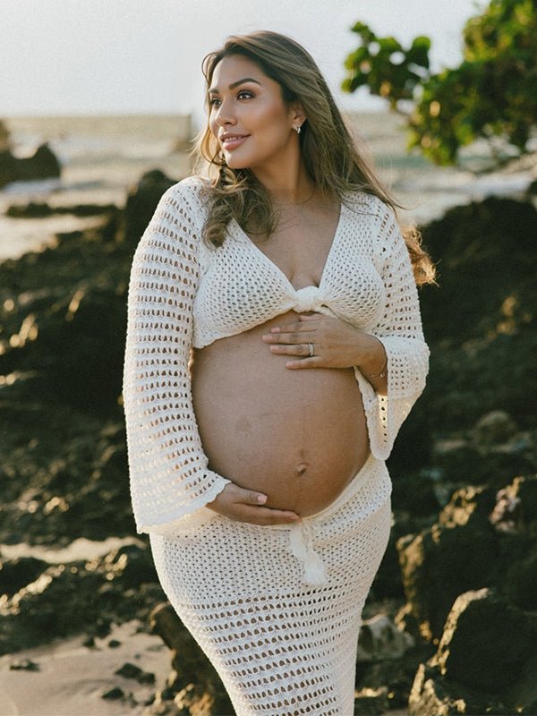White Tie Front Crop V-neck Crochet Beach Vacation Photoshoot Maternity Maxi Dress for Maternity