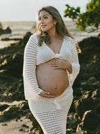 White Tie Front Crop V-neck Crochet Beach Vacation Photoshoot Maternity Maxi Dress for Maternity