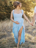 Solid Color Ruffled Side Slit Tank Square Neck Elegant Maternity Maxi Dress for Maternity
