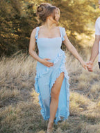 Solid Color Ruffled Side Slit Tank Square Neck Elegant Maternity Maxi Dress for Maternity