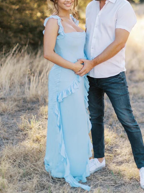Solid Color Ruffled Side Slit Tank Square Neck Elegant Maternity Maxi Dress for Maternity