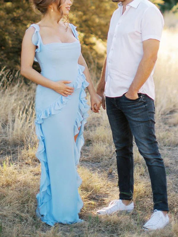 Solid Color Ruffled Side Slit Tank Square Neck Elegant Maternity Maxi Dress for Maternity