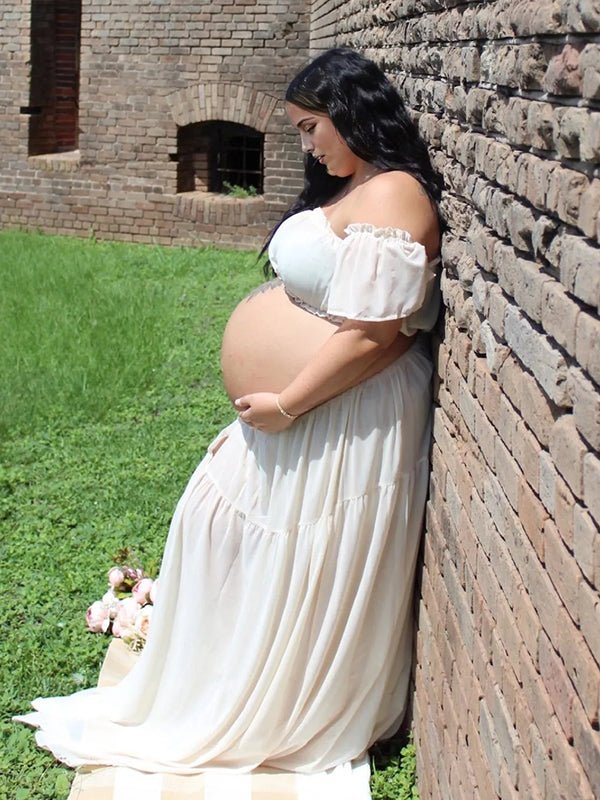 White Bohemian Off Shoulder Backless Ruffle 2 Piece Set Photoshoot Maternity Maxi Dress for Maternity