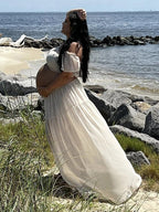 White Bohemian Off Shoulder Backless Ruffle 2 Piece Set Photoshoot Maternity Maxi Dress for Maternity