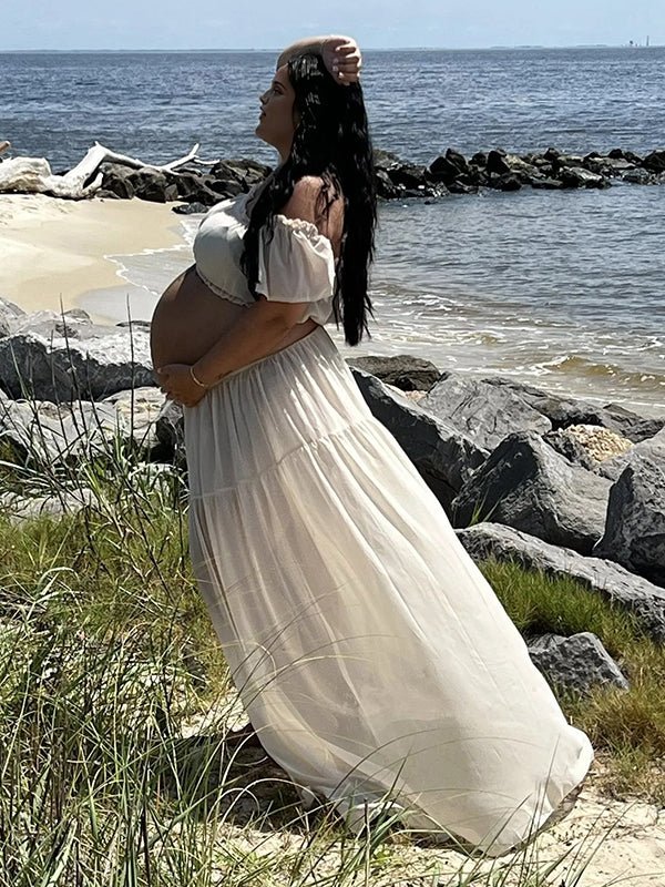 White Bohemian Off Shoulder Backless Ruffle 2 Piece Set Photoshoot Maternity Maxi Dress for Maternity