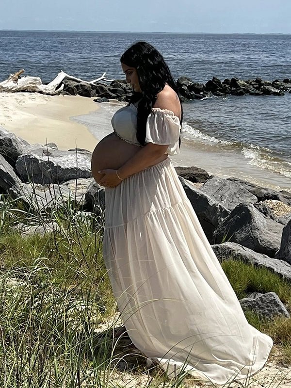 White Bohemian Off Shoulder Backless Ruffle 2 Piece Set Photoshoot Maternity Maxi Dress for Maternity