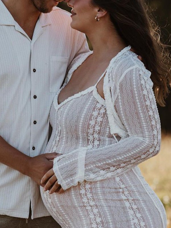 Ivory Lace Two Piece Set Side Slit V-neck Cami Maxi Dress And Crop Cardigan Elegant Going Out Maternity Photoshoot Baby Shower Maxi Dress for Maternity