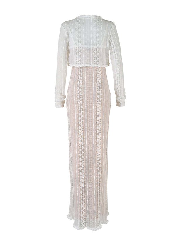 Ivory Lace Two Piece Set Side Slit V-neck Cami Maxi Dress And Crop Cardigan Elegant Going Out Maternity Photoshoot Baby Shower Maxi Dress for Maternity