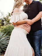 Solid Color Bohemian Off Shoulder Backless Ruffle 2 Piece Set Photoshoot Maternity Maxi Dress for Maternity