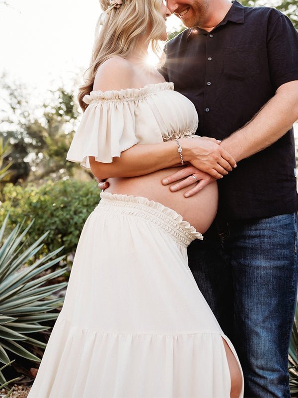 Solid Color Bohemian Off Shoulder Backless Ruffle 2 Piece Set Photoshoot Maternity Maxi Dress for Maternity