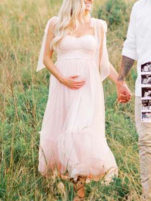 Light Pink Polka Dot Bow Ruffle Falbala Tie-shoulder A-line Tulle Princess Dress Maxi Dress for Maternity
