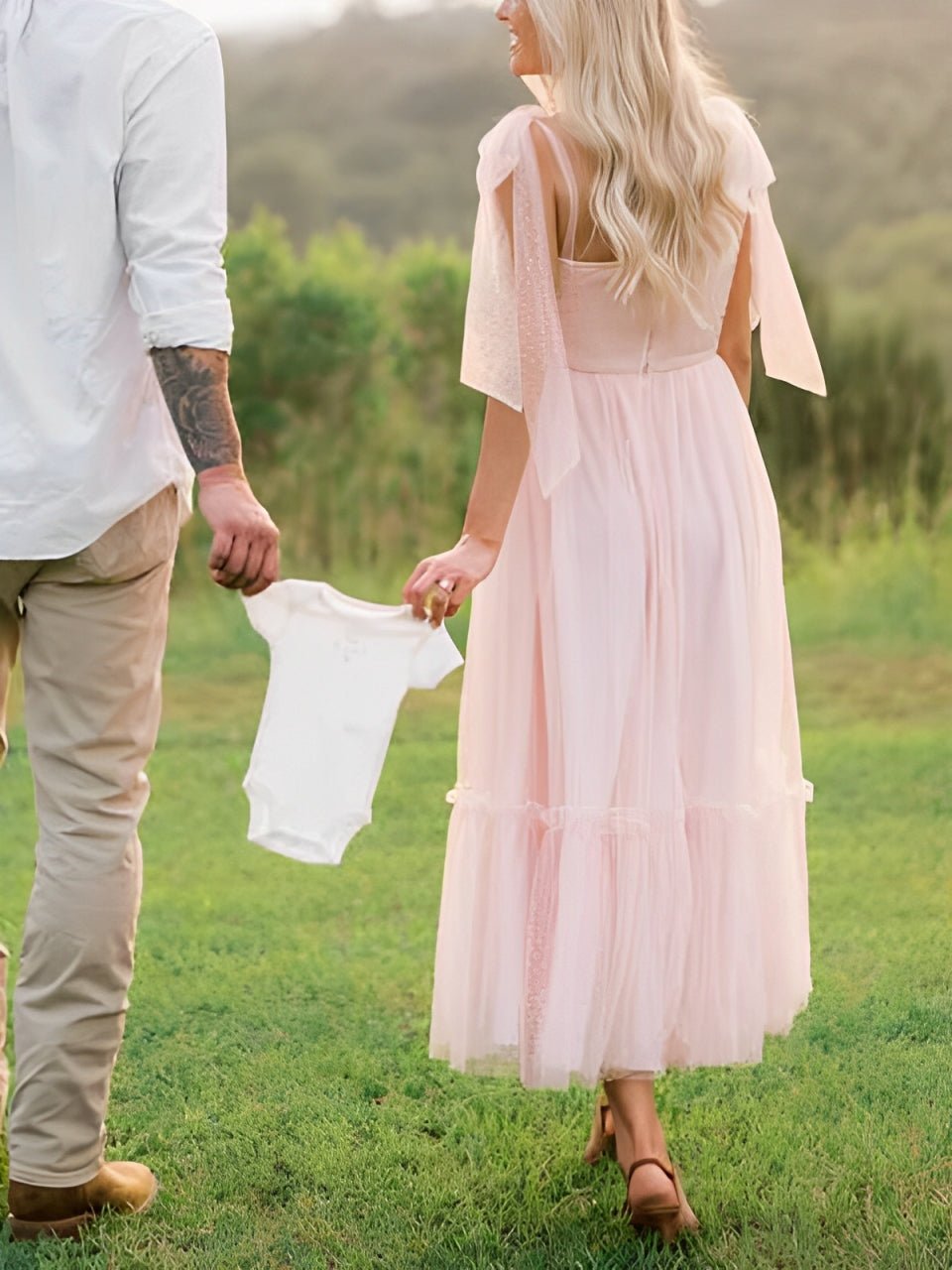 Light Pink Polka Dot Bow Ruffle Falbala Tie-shoulder A-line Tulle Princess Dress Maxi Dress for Maternity