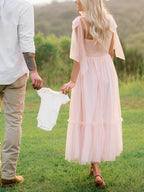 Light Pink Polka Dot Bow Ruffle Falbala Tie-shoulder A-line Tulle Princess Dress Maxi Dress for Maternity