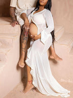 White Ruffle Cut Out Crop Irregular Split Sheer Vacation Dress Bodycon Photoshoot Maternity Maxi Dress for Maternity