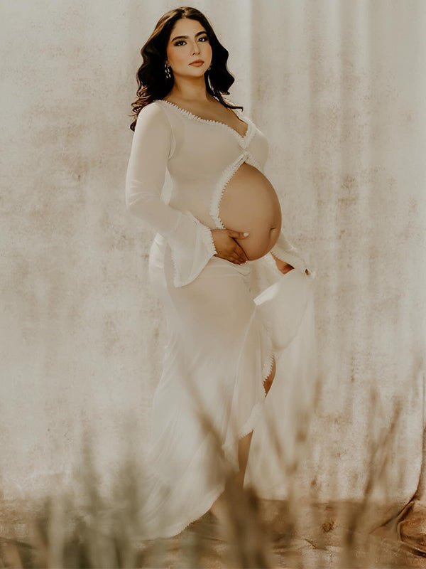 White Ruffle Cut Out Crop Irregular Split Sheer Vacation Dress Bodycon Photoshoot Maternity Maxi Dress for Maternity
