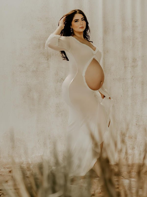 White Ruffle Cut Out Crop Irregular Split Sheer Vacation Dress Bodycon Photoshoot Maternity Maxi Dress for Maternity