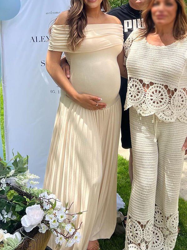Apricot Off Shoulder Ruched Pleated Big Swing Maternity Baby Shower Maxi Dress for Maternity