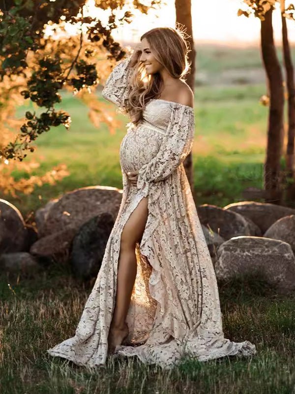 Boho Lace Off Shoulder Lace Tassel Crop Two Piece Side Slit Ruffle Photoshoot Maternity Maxi Dress for Maternity