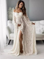 Boho Lace Off Shoulder Lace Tassel Crop Two Piece Side Slit Ruffle Photoshoot Maternity Maxi Dress for Maternity