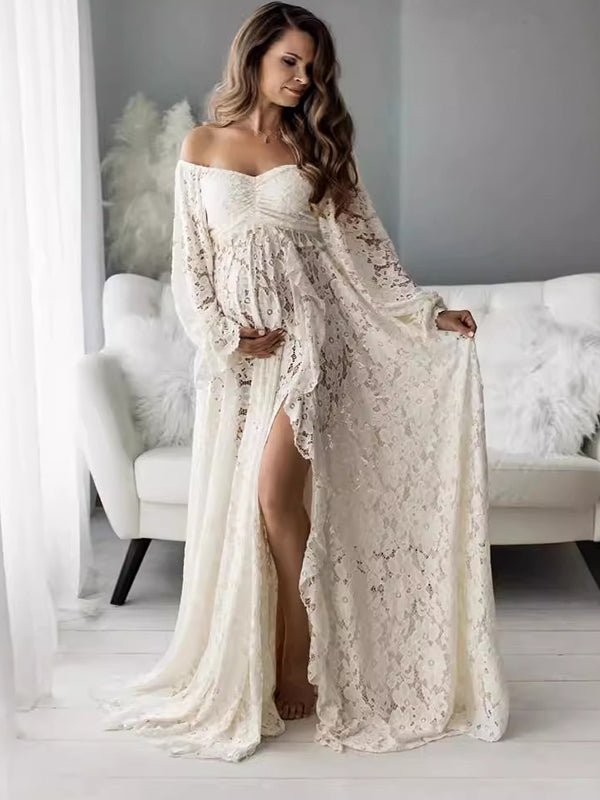 Boho Lace Off Shoulder Lace Tassel Crop Two Piece Side Slit Ruffle Photoshoot Maternity Maxi Dress for Maternity
