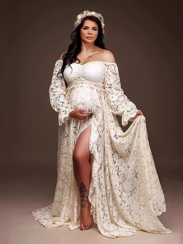 Boho Lace Off Shoulder Lace Tassel Crop Two Piece Side Slit Ruffle Photoshoot Maternity Maxi Dress for Maternity