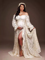 Boho Lace Off Shoulder Lace Tassel Crop Two Piece Side Slit Ruffle Photoshoot Maternity Maxi Dress for Maternity
