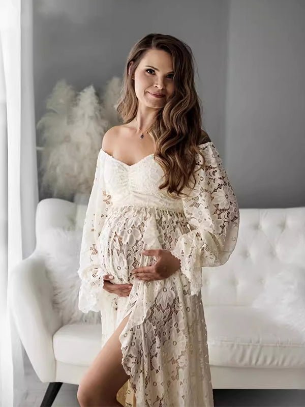 Boho Lace Off Shoulder Lace Tassel Crop Two Piece Side Slit Ruffle Photoshoot Maternity Maxi Dress for Maternity
