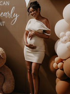 Apricot Irregular Neck Asymmetric Shoulder Bandage Party Dress Bodycon Baby Shower Maternity Mini Dress for Maternity