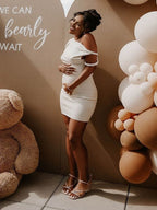 Apricot Irregular Neck Asymmetric Shoulder Bandage Party Dress Bodycon Baby Shower Maternity Mini Dress for Maternity