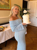 Blue Knitted Off Shoulder Bodycon Crochet Flare Sleeve Elegant Baby Moon Beach Vacation Maternity Photoshoot Baby Shower Maxi Dress for Maternity