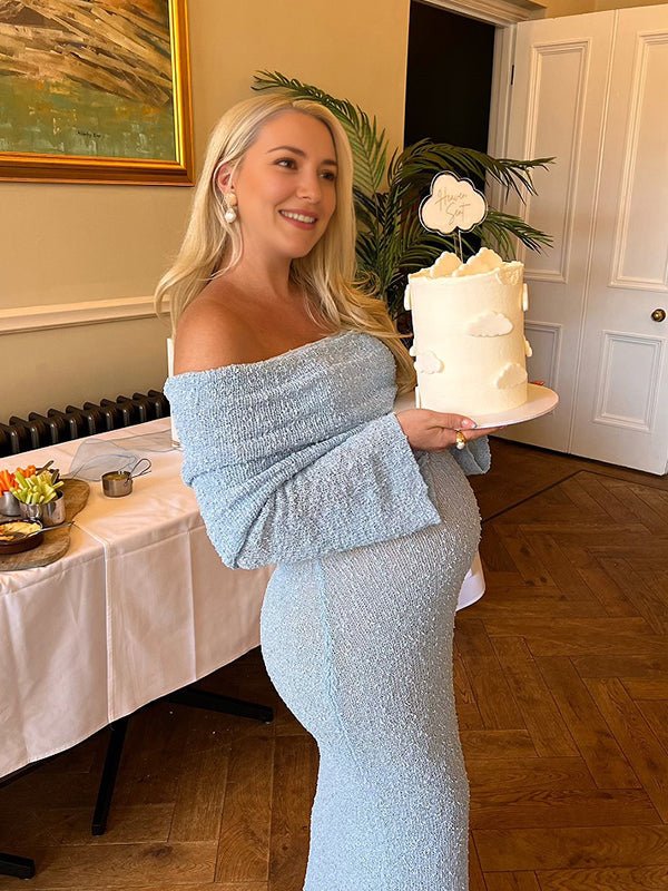 Blue Knitted Off Shoulder Bodycon Crochet Flare Sleeve Elegant Baby Moon Beach Vacation Maternity Photoshoot Baby Shower Maxi Dress for Maternity