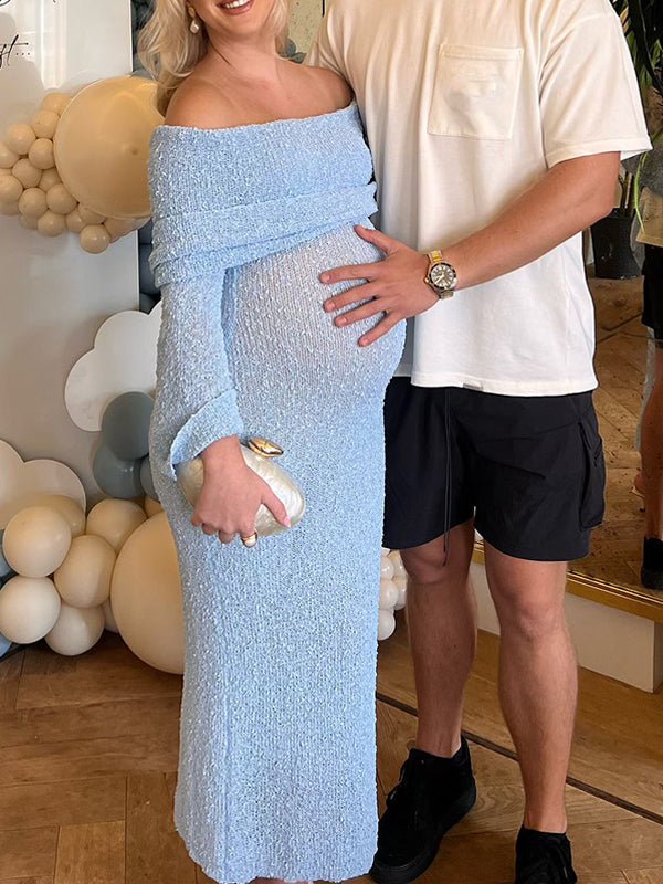Blue Knitted Off Shoulder Bodycon Crochet Flare Sleeve Elegant Baby Moon Beach Vacation Maternity Photoshoot Baby Shower Maxi Dress for Maternity