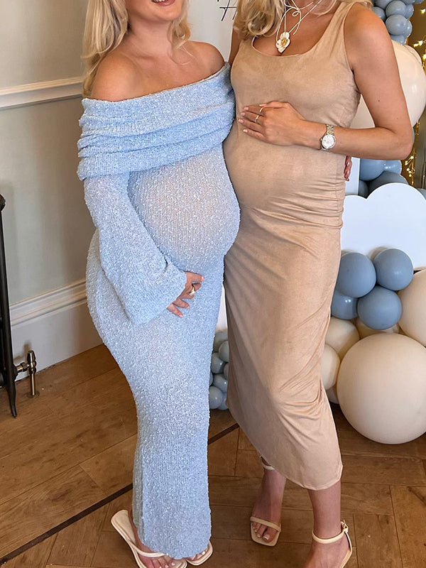 Blue Knitted Off Shoulder Bodycon Crochet Flare Sleeve Elegant Baby Moon Beach Vacation Maternity Photoshoot Baby Shower Maxi Dress for Maternity