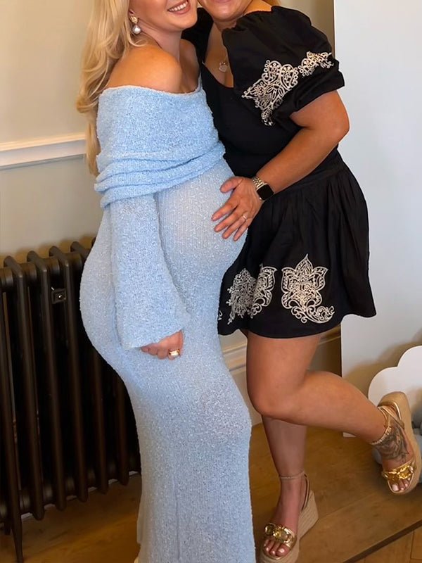 Blue Knitted Off Shoulder Bodycon Crochet Flare Sleeve Elegant Baby Moon Beach Vacation Maternity Photoshoot Baby Shower Maxi Dress for Maternity