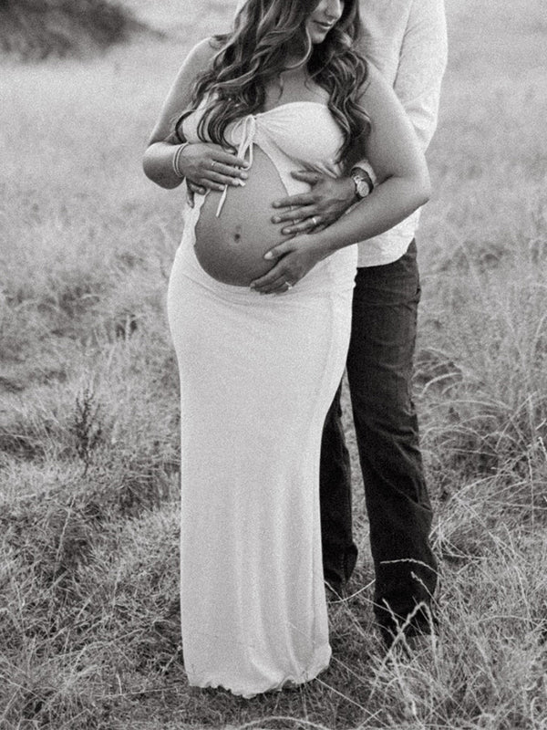 Apricot Crop Bandeau Chest Lace-up Two Piece Bodycon Mermaid Elegant Photoshoot Maternity Maxi Dress for Maternity
