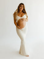 White Spaghetti Strap Backless Ruffle Crop Bodycon Cocktail Party Gown Photoshoot Maternity Maxi Dress for Maternity
