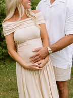 Apricot Off Shoulder Ruched Backless Boat Neck Cap Sleeve Splicing Elegant Boutique Holiday Gowns Photoshoot Maternity Maxi Dress for Maternity