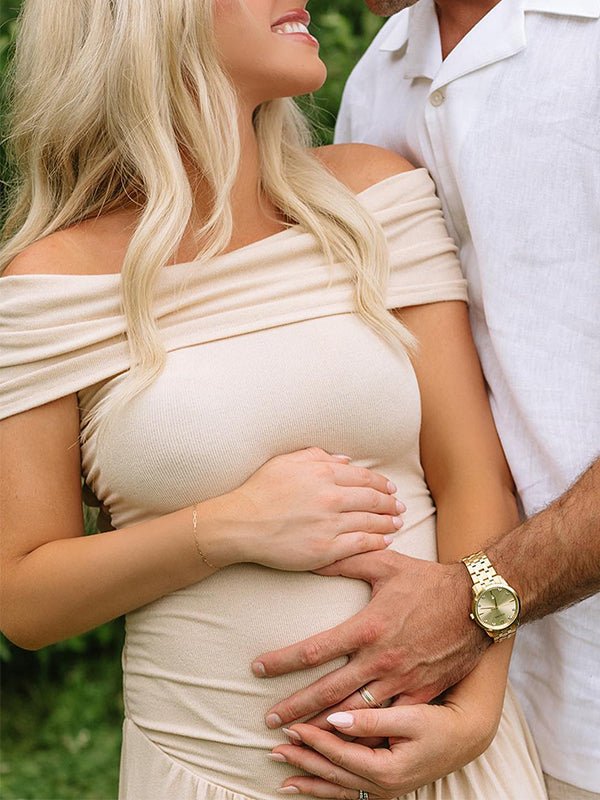 Apricot Off Shoulder Ruched Backless Boat Neck Cap Sleeve Splicing Elegant Boutique Holiday Gowns Photoshoot Maternity Maxi Dress for Maternity
