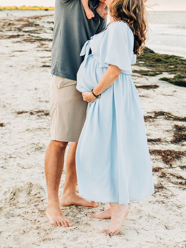 Bow Flutter Sleeve Solid V-neck Flowy Beach Cute Photoshoot Baby Shower Maternity Maxi Dress for Maternity