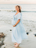Bow Flutter Sleeve Solid V-neck Flowy Beach Cute Photoshoot Baby Shower Maternity Maxi Dress for Maternity
